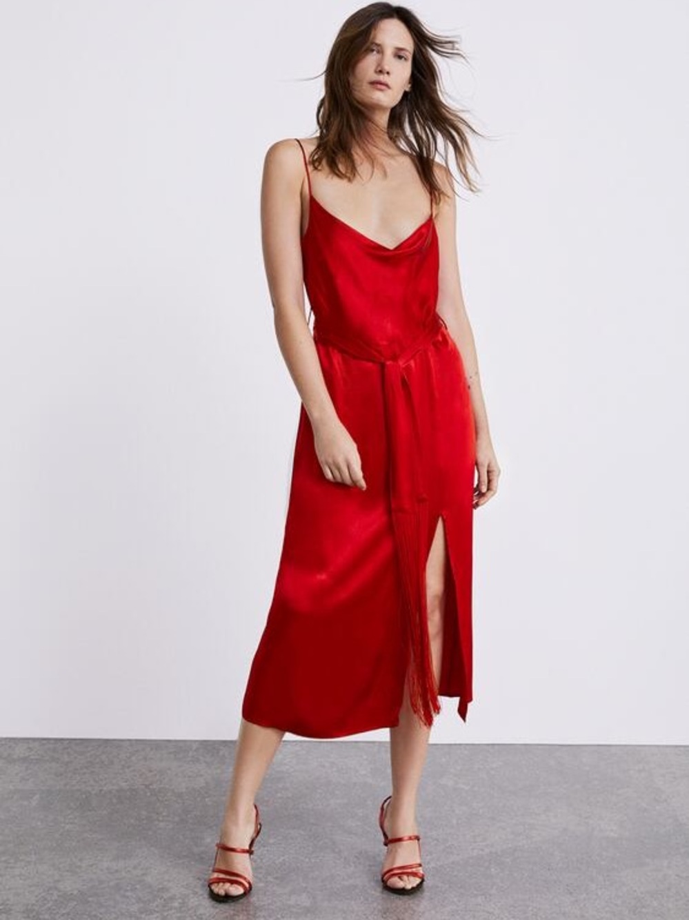 Zara Red Satin Slip Dress Fringe Belt Cowl Neck Midi Party Dress Small